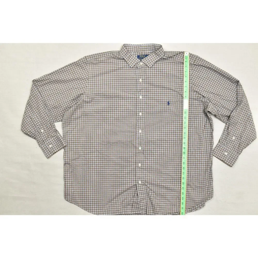 Polo Ralph Lauren Shirt 3XB Brown Blue Plaid Check 100% Cotton Stretch Long Slee